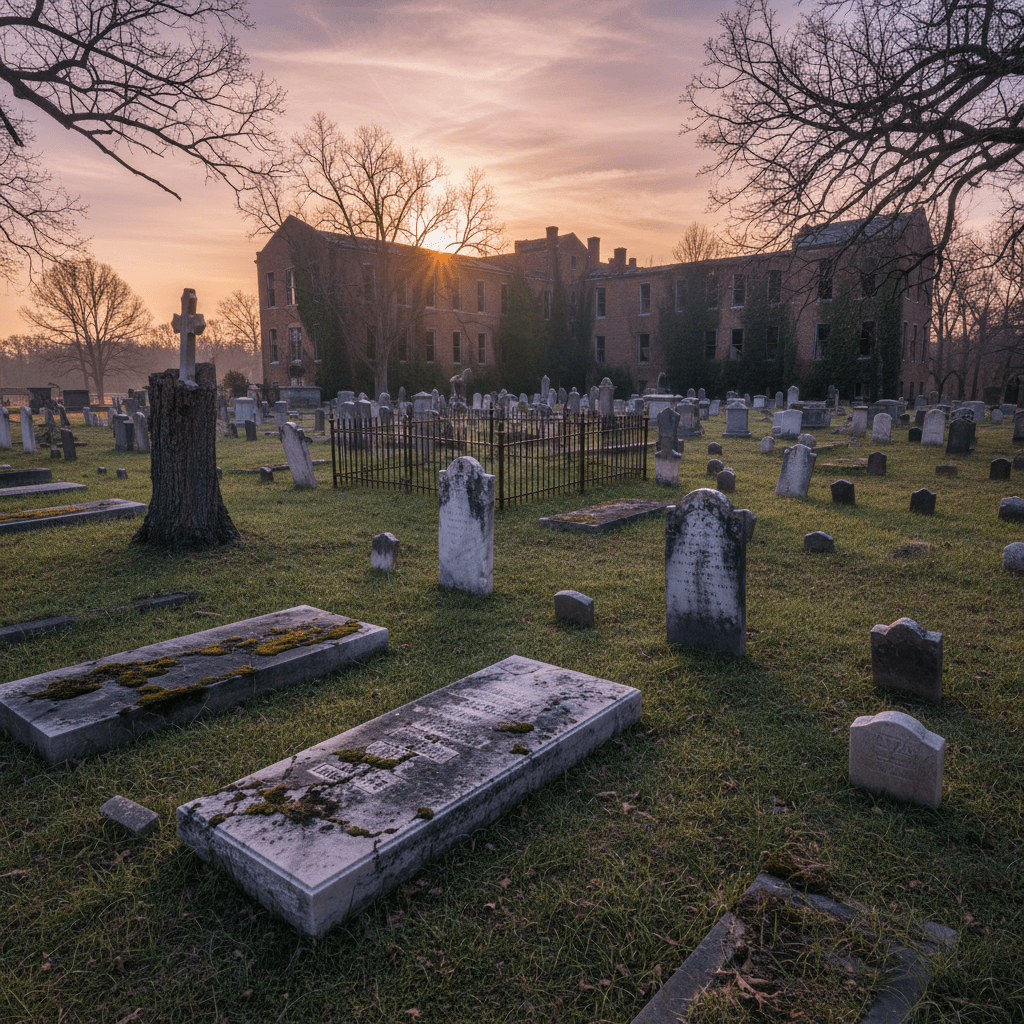 E.A. Conway Hospital graveyard in Monroe Louisiana — weathered grave markers at dusk