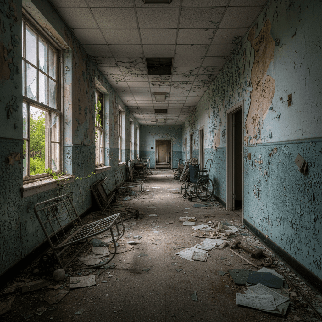 The Old E.A. Conway Memorial Hospital in Monroe Louisiana — dark abandoned hallway with peeling walls