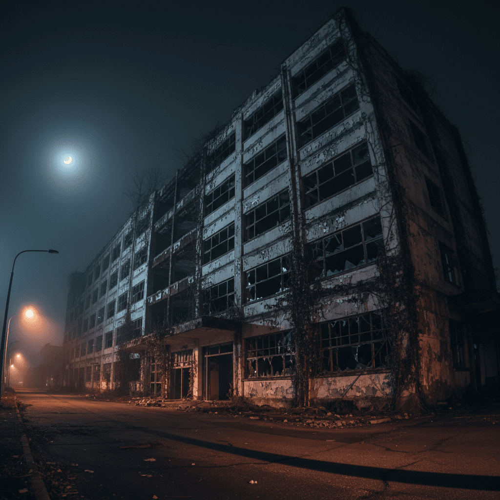 Abandoned Rusten Bio Medical Engineering building in Ruston Louisiana — crumbling facade at night